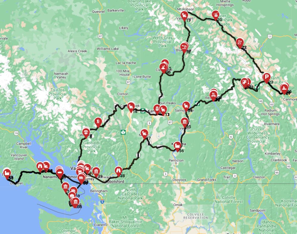 RV trip route from Vancouve